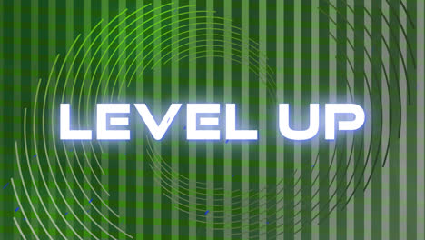 animation of level up text in white letters over green abstract background