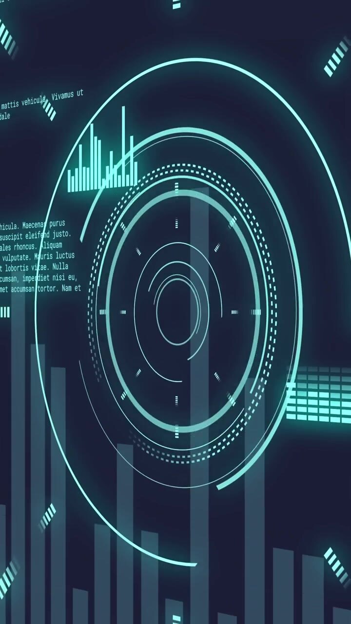 Animation of neon round scanner and statistical data processing against blue background