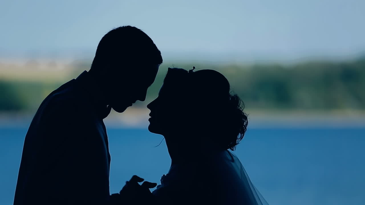 Wedding couple near lake. Bride and groom kissing near lake at sunset