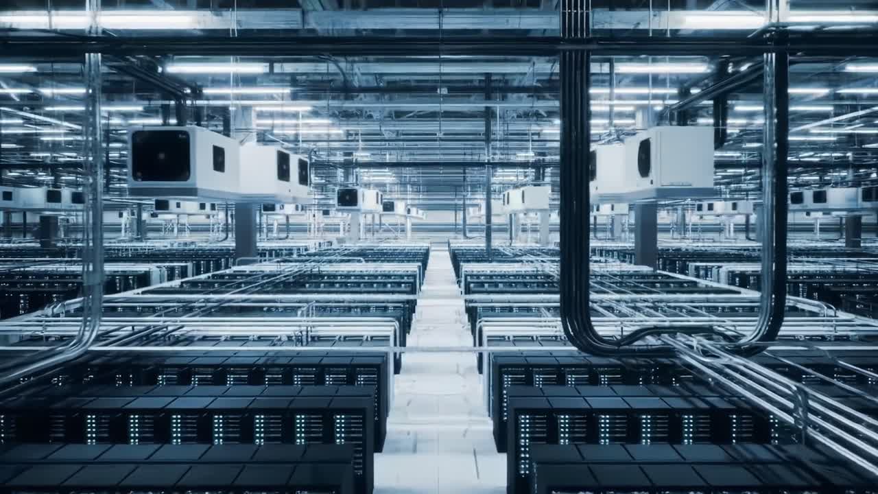 A detailed look at a modern data center showcasing rows of advanced servers and complex wiring systems. The facility is busy with technology, highlighting its significance in data management.