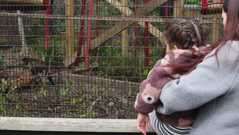a mother and child watching an animal through a zoo cage, enjoying the moment