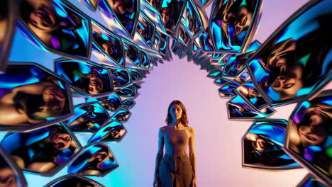 woman in a surreal reflective tunnel of faces
