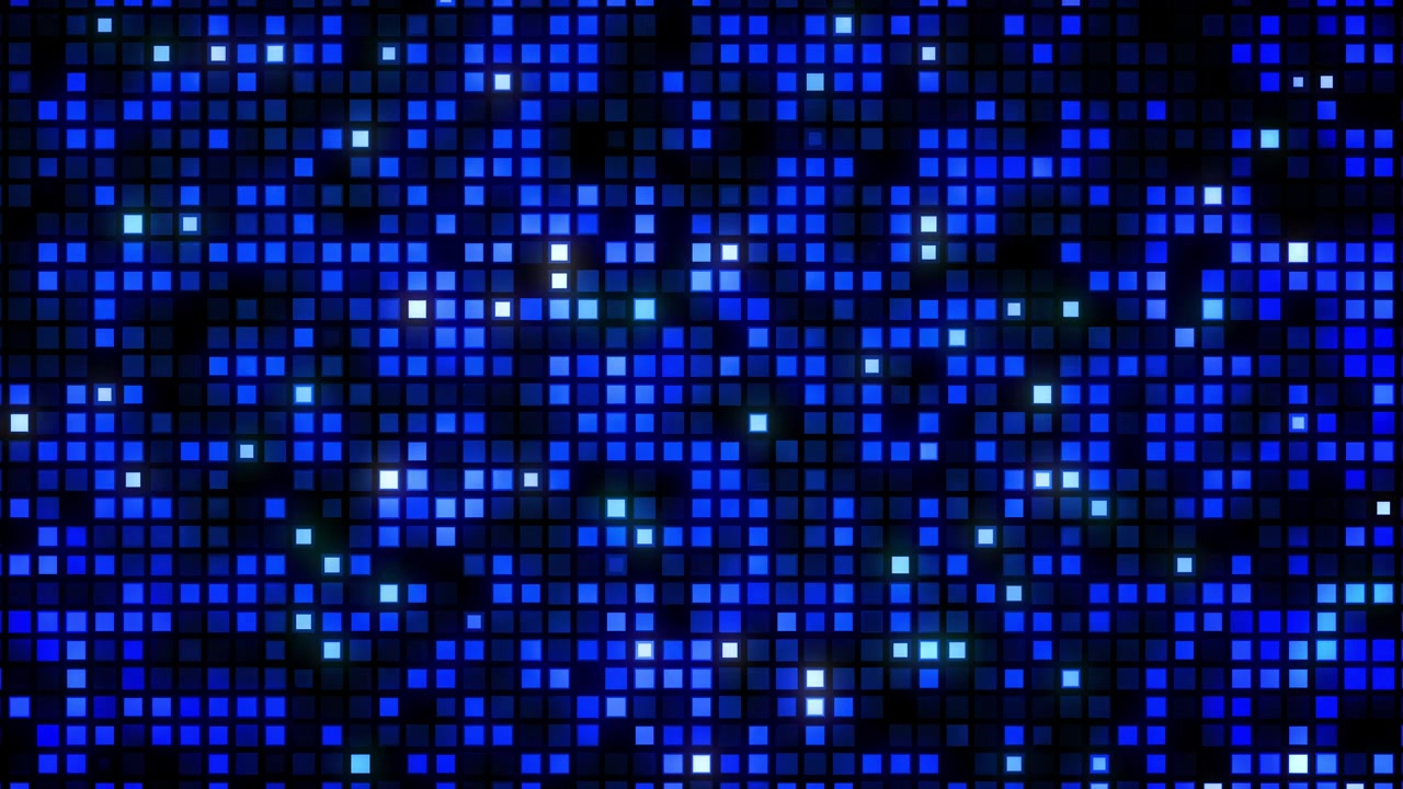 Animation of a dark background covered with an array of small square tiles glowing in vibrant blue and cyan shades with some bright white highlights. Flickering of square mosaic grid. Loop animation.