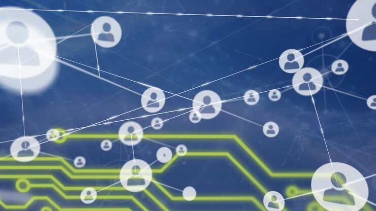 Animation of network of connections with digital icons and circuit board