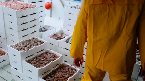 Pescador-Con-Mono-Amarillo-Descargando-Cajas-De-Pescado-Y-Camarones-En-La-Cubierta-Del-Barco.