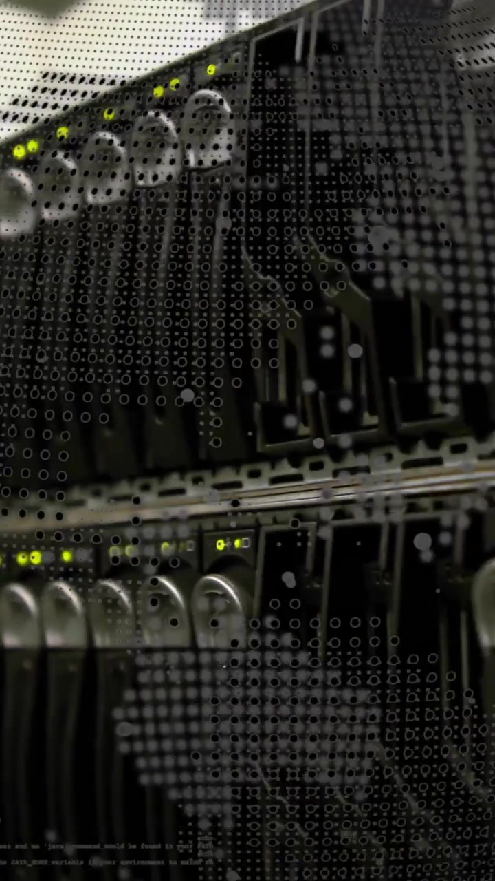 Server racks with glowing lights and digital data processing animation overlay