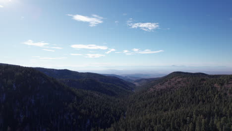 High-angle-aerial-view-of-the-mountains-and-valleys-near-Cloudcroft,-New-Mexico-on-a-clear-day