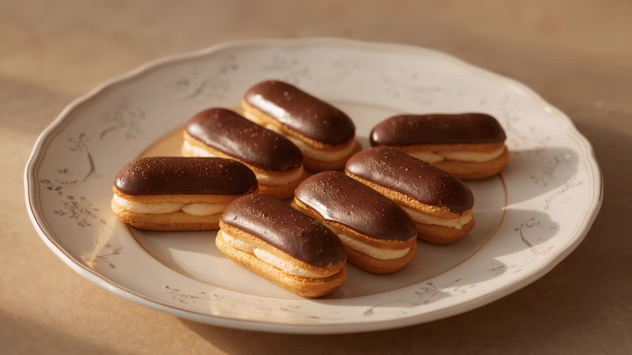 Camera panning revealing ceramic plate holding seven eclairs on warm tabletop, showing glaze