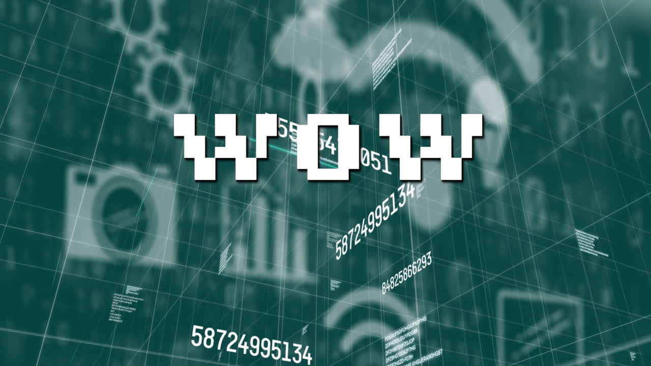 animación de texto wow sobre procesamiento de datos e iconos digitales en fondo negro