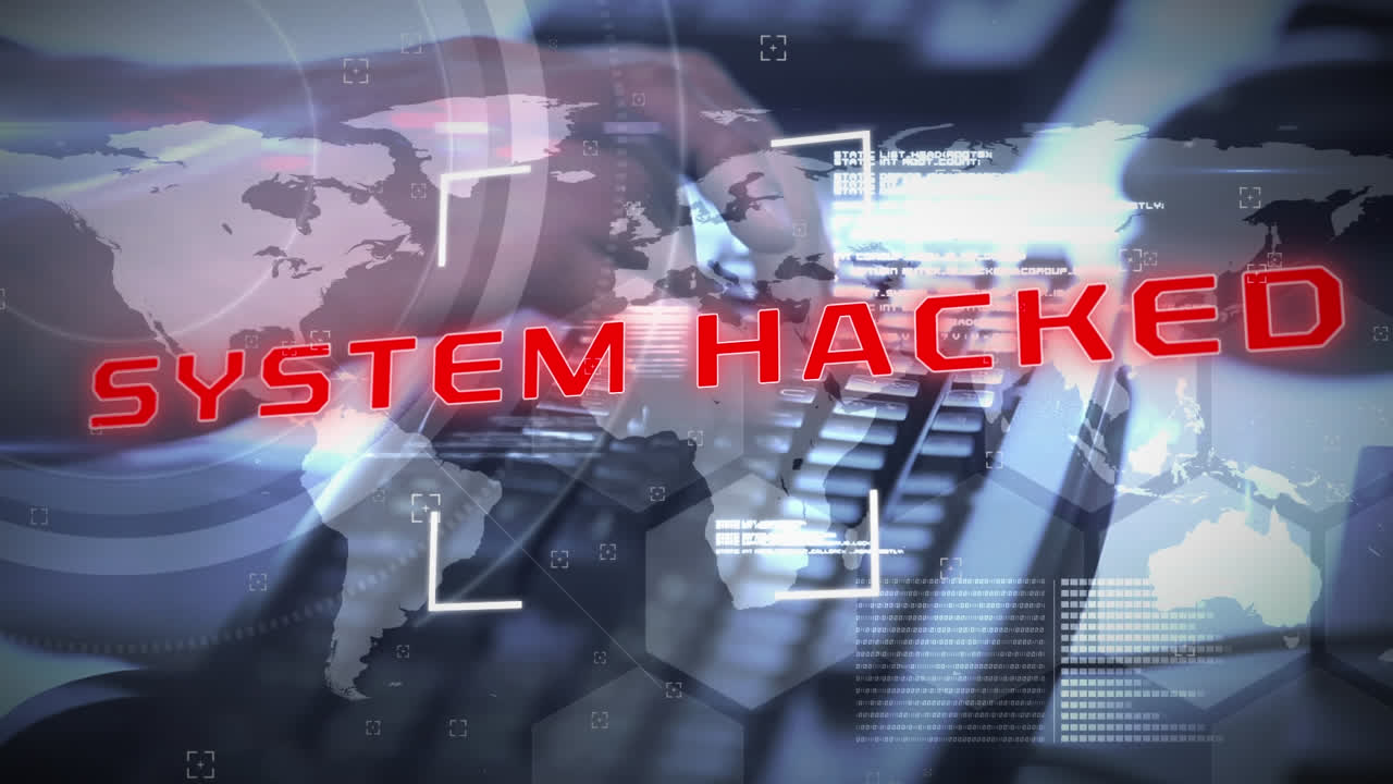 Animation of system hacked text over woman working in office