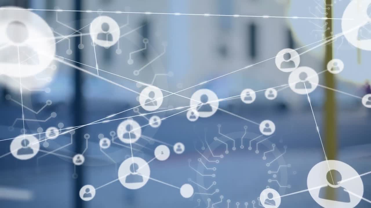 도시 풍경 위의 아이콘으로 연결된 네트워크의 애니메이션