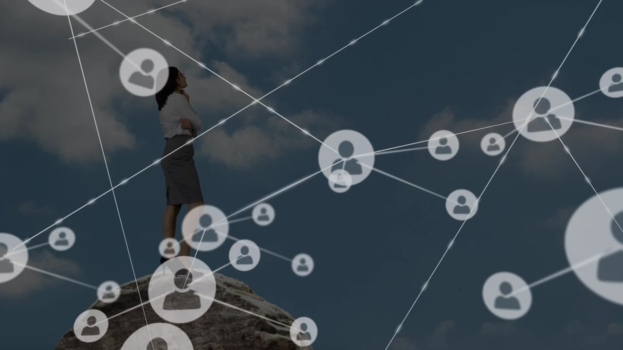 Animation of network of connections with icons over cloudy sky