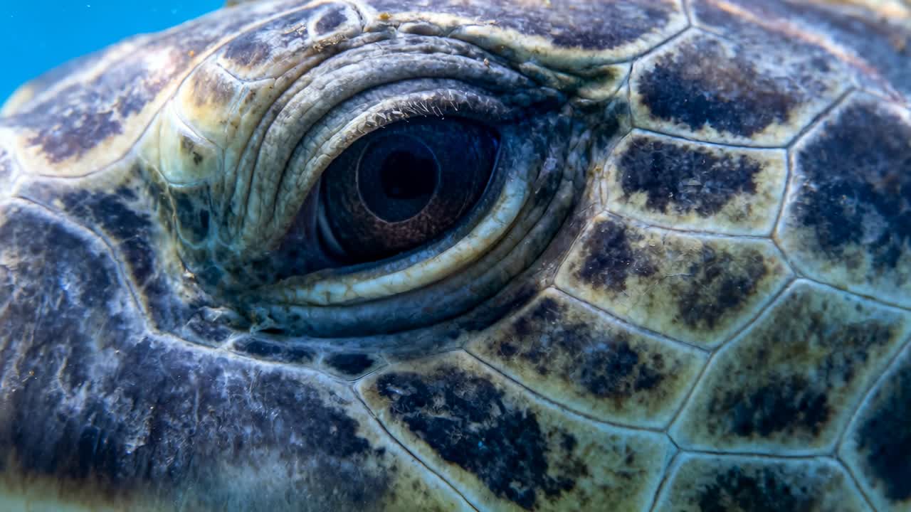 Drifting camera showing sea turtle head, eye in blue water for study, exposing carapace scutes