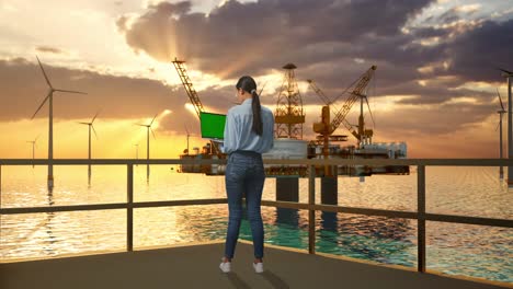 mujer trabajando en una computadora portátil en una plataforma en alta mar con turbinas eólicas