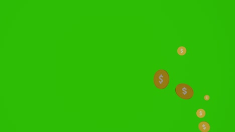 las monedas de dólar que caen sobre el fondo verde. renderizado en 3d. video de movimiento de resolución 4k.