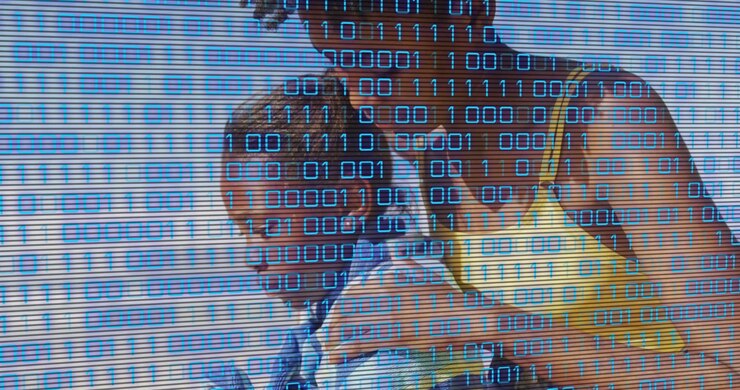 Woman approaching and holding girl's shoulder at seaside, comforting under binary overlay tech