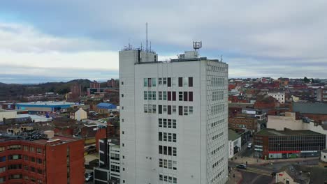 aerial views of the main town in the potteries stoke on trent, hanley the city centre with high rise buildings and a beautiful city landscape, immigration housing and high rise flats