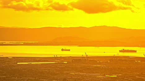 Zeitraffer,-Stadtbild-Von-San-Francisco-Im-Nebel-An-Einem-Sonnigen-Abend,-Blick-Auf-Die-Oakland-Bay