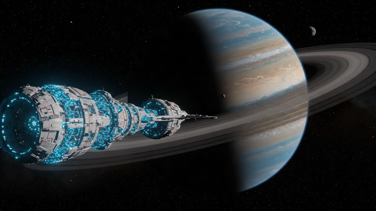 A Stunning Visualization of a Futuristic Spacecraft Approaching a Majestic Planetary System with Rings and Diverse Moons in the Cosmos