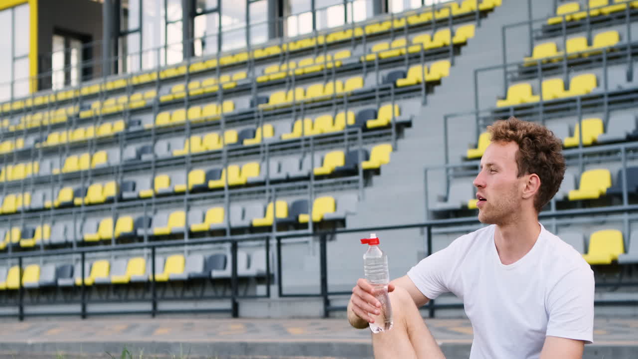 deportista descansando y bebiendo agua mientras se sienta en el césped en un estadio después de hacer ejercicio