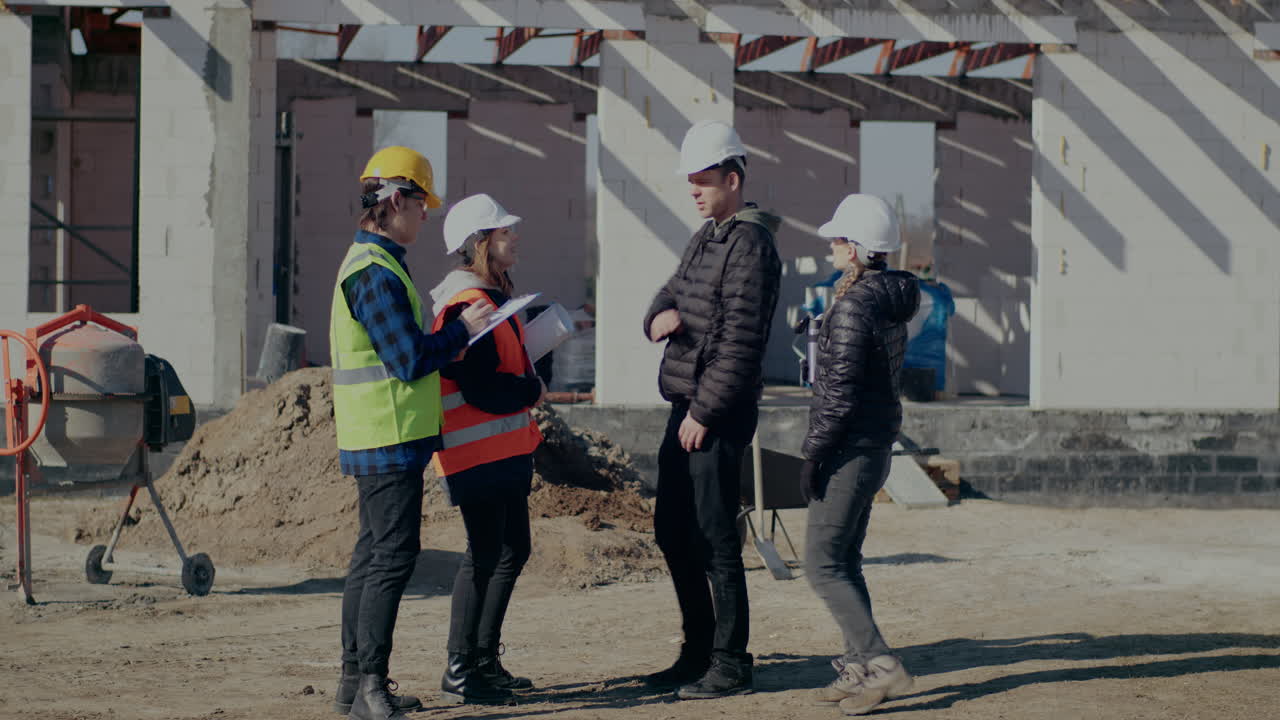 Team of construction workers with engineer and architect discussing while planning together against incomplete building at site on sunny day