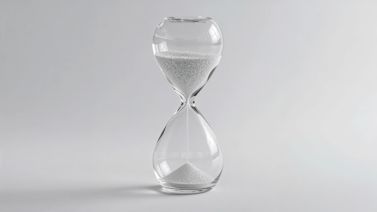 Starting glass hourglass trickling fine white sand on smooth white surface, marking time passage