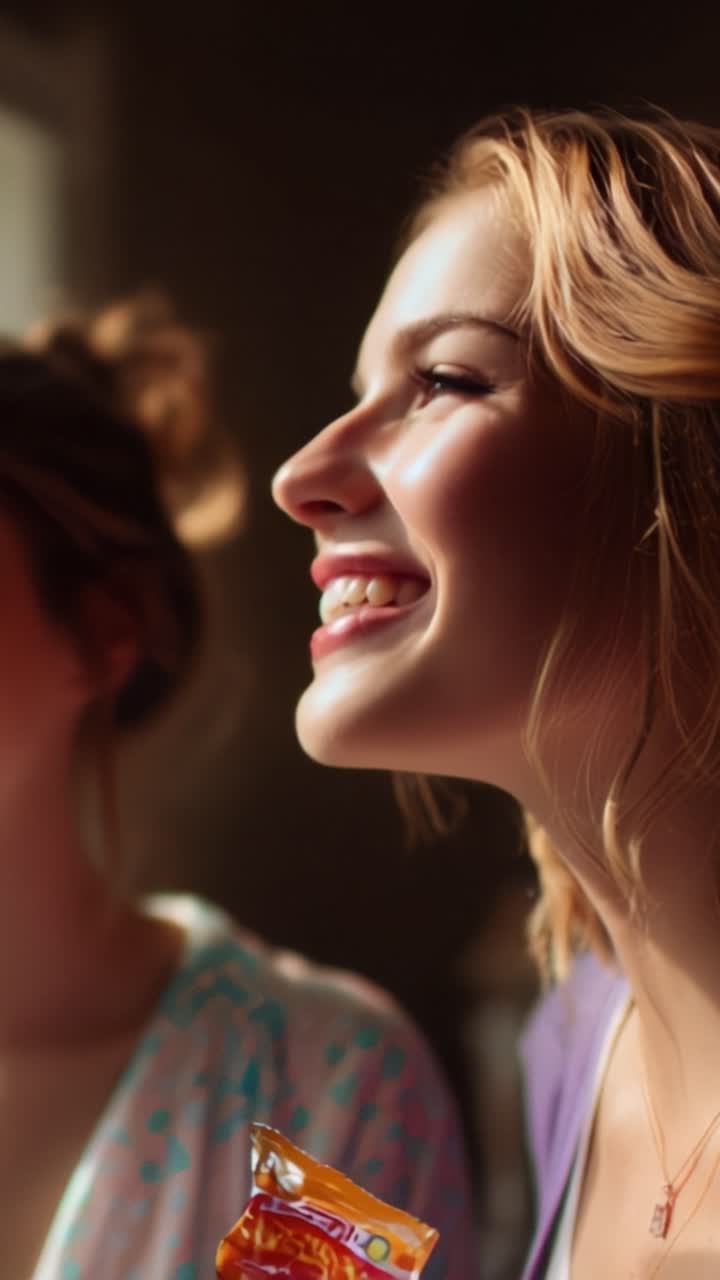 Joyful Expressions: A Young Woman's Transformation from Dreamy Reflection to Radiant Laughter in a Cherished Moment of Friendship and Happiness