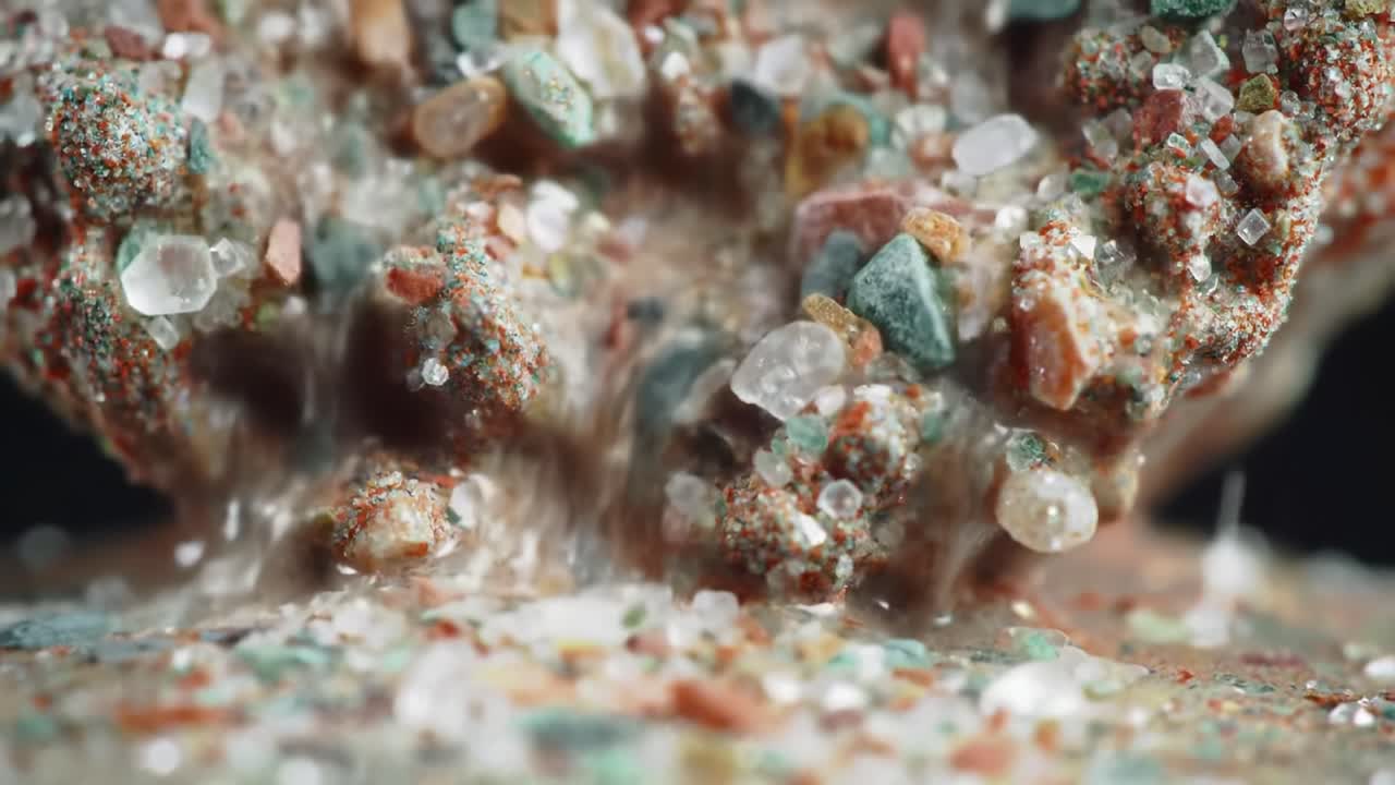 An Intricate Close-Up of Multi-Colored Particles Flowing and Intermingling, Showcasing the Unique Texture and Movement of Compacted Material Over Time