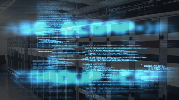 Digital code and data processing animation over server racks in data center