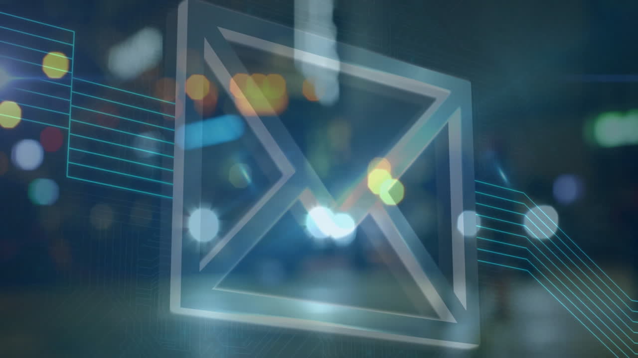 이메일 아이콘과 디지털 라인 애니메이션이 흐릿한 도시 풍경 배경에