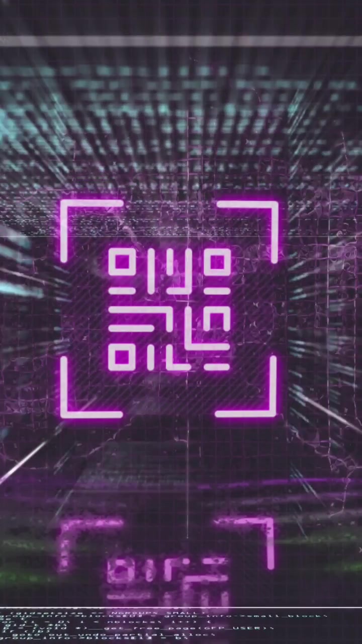 Animation of pink qr code, neon lights and data processing on black background