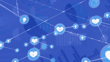 animación de una red de iconos digitales sobre el procesamiento de datos estadísticos contra un fondo azul
