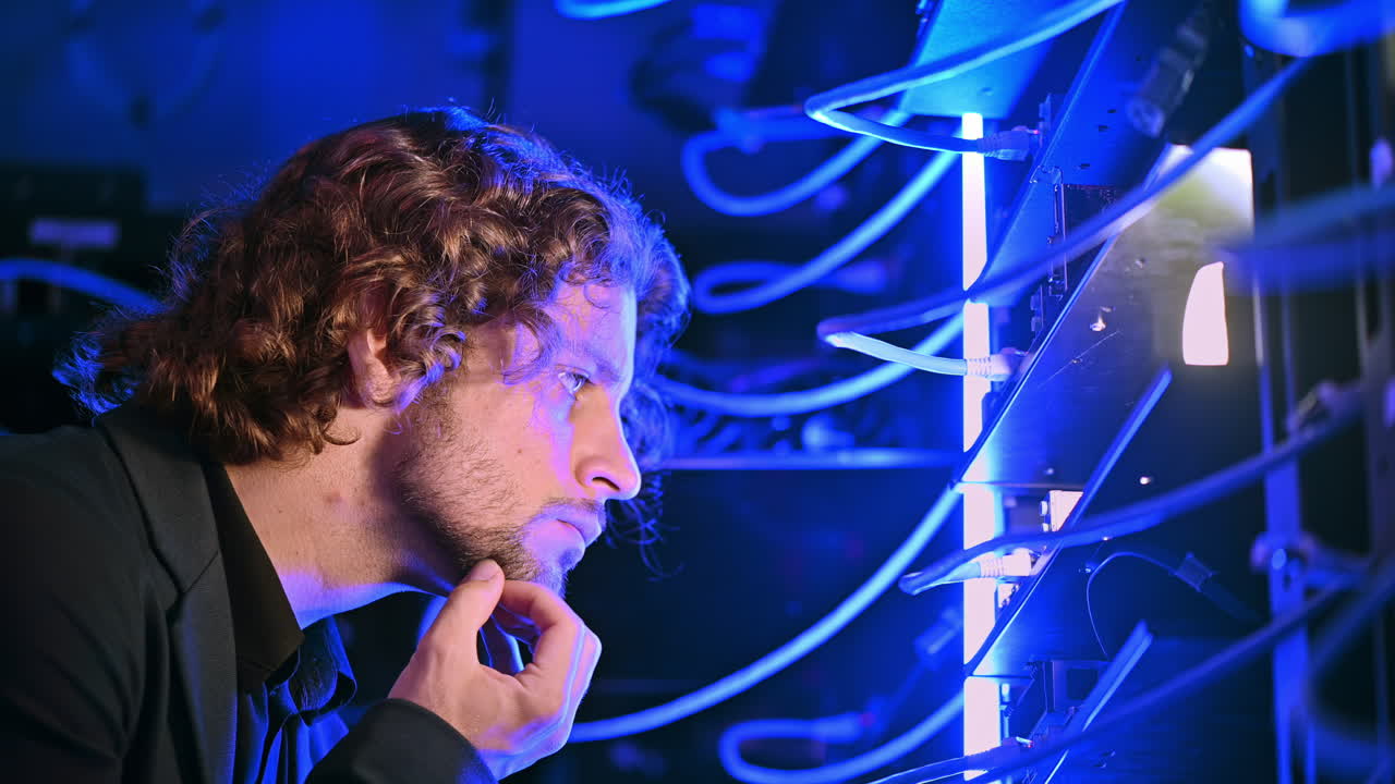 Man analysing servers in a data center