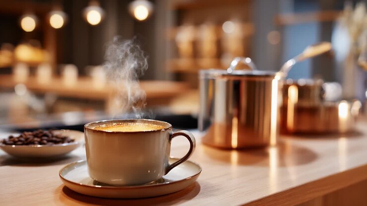 Un'accogliente scena con una tazza di caffè appena fatto su un bancone di legno, con vapore che sale e riflessi ramati scintillanti intorno, in un elegante bar per un'atmosfera calda