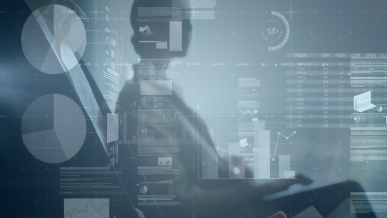 Animation of financial data over diverse businesspeople and office