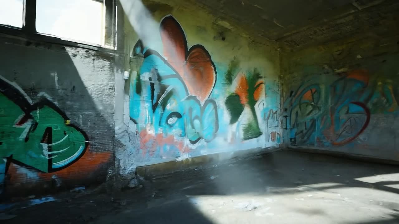 Sunlight streams across a graffiti covered concrete room, illuminating vibrant colors and intricate patterns on the walls
