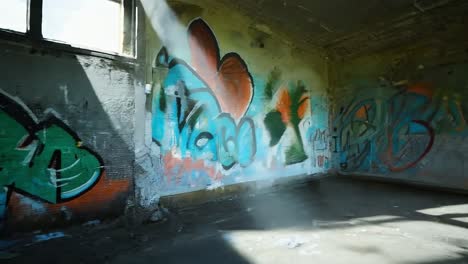 zonlicht stroomt over een met graffiti bedekte betonnen kamer, verlichtende levendige kleuren en ingewikkelde patronen op de muren