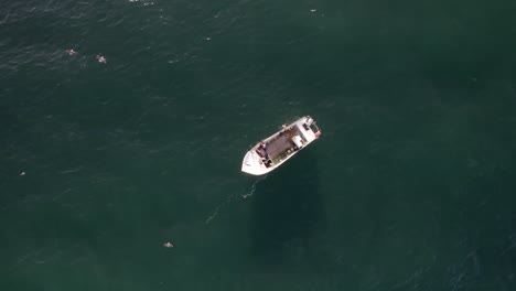 Topdown-view-Small-fishing-boat-on-Deep-blue-ocean,-Seagulls-hovering-around,-Nazare