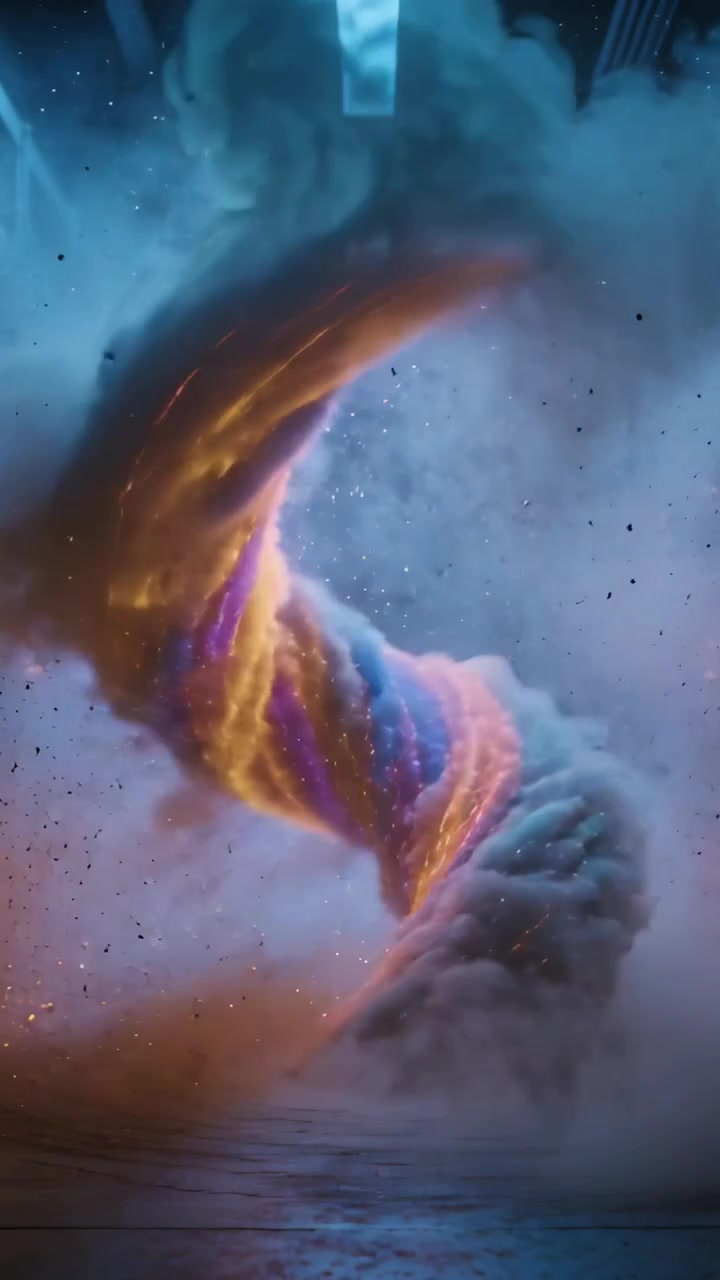 Vertical video: Rising from floor, luminous vortex filling server corridor, reflecting LEDs