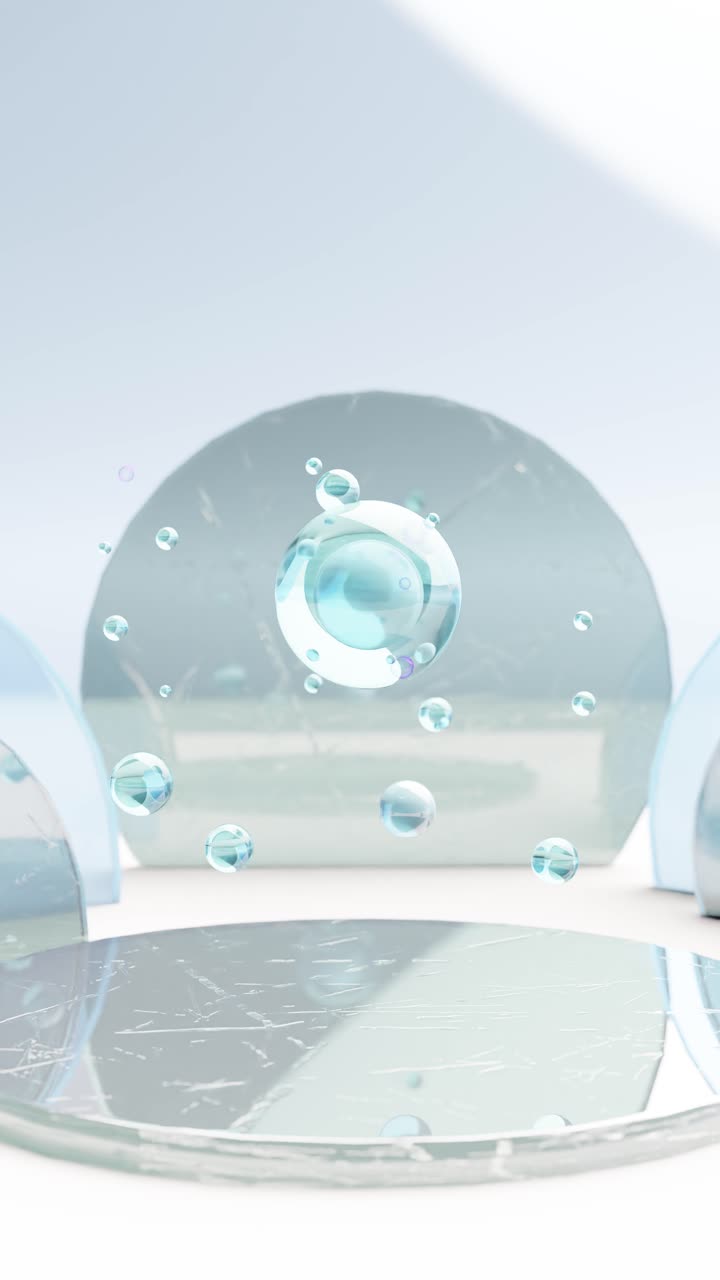 Levitating crystals above glass display. 3d render animation