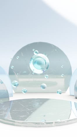 levitating crystals above glass display. 3d render animation