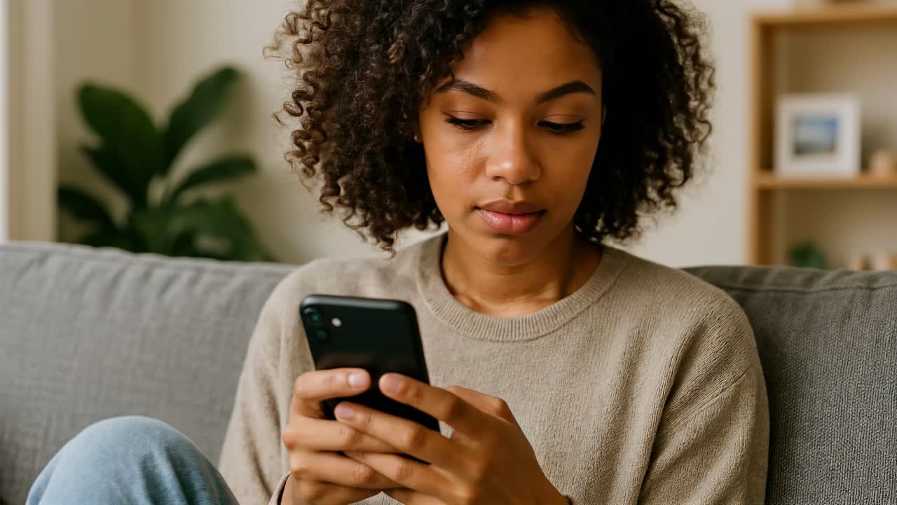 Una giovane donna su un divano usa il suo smartphone, ripresa da vicino. Il video trasmette