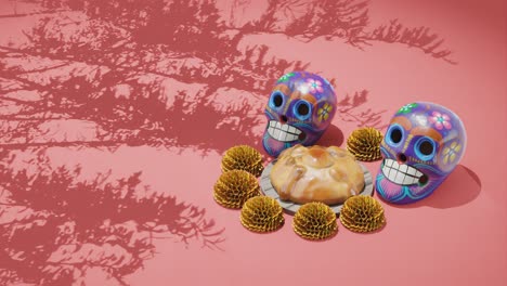 Day-of-The-Dead-Festival,-Dia-de-Muertos-,-Design-Mockup,-Mexico,-Skulls,-Traditional-Floral-and-Pastry,-Red-Background