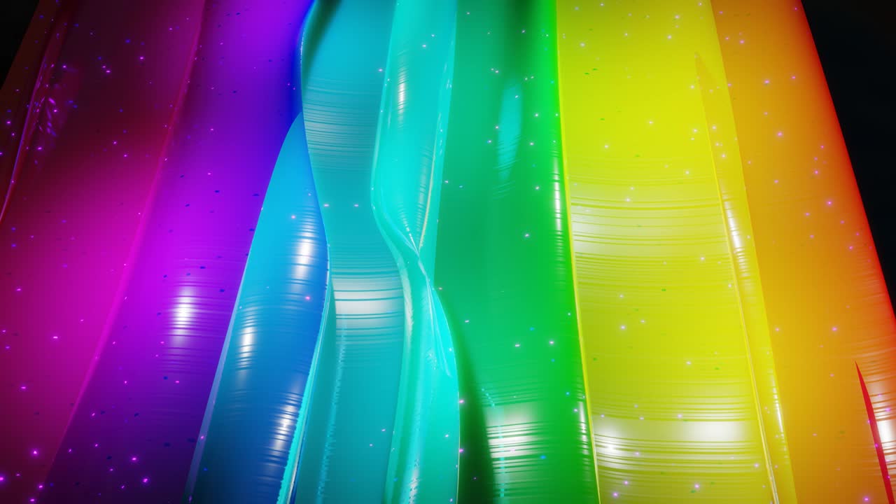 superficie 3d abstracta con hermosas olas, chispas luminosas y gradiente de colores brillantes, colores del arco iris. las olas corren en una superficie muy brillante y brillante con brillo brillante. animación en bucle 4k