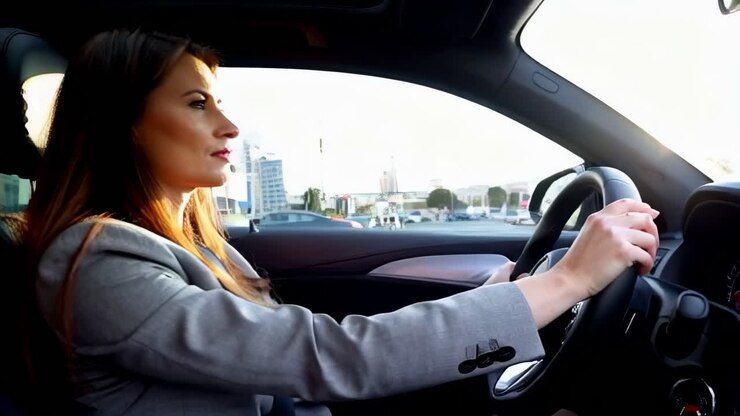 Giovane donna in tailleur guida concentrata la sua auto in città.