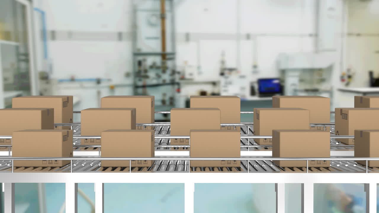 창고에서 컨베이어 벨트에 움직이는 카드보드 상자의 애니메이션