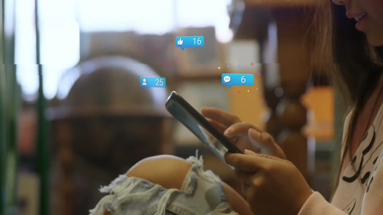 Animation of media icons over caucasian woman using smartphone
