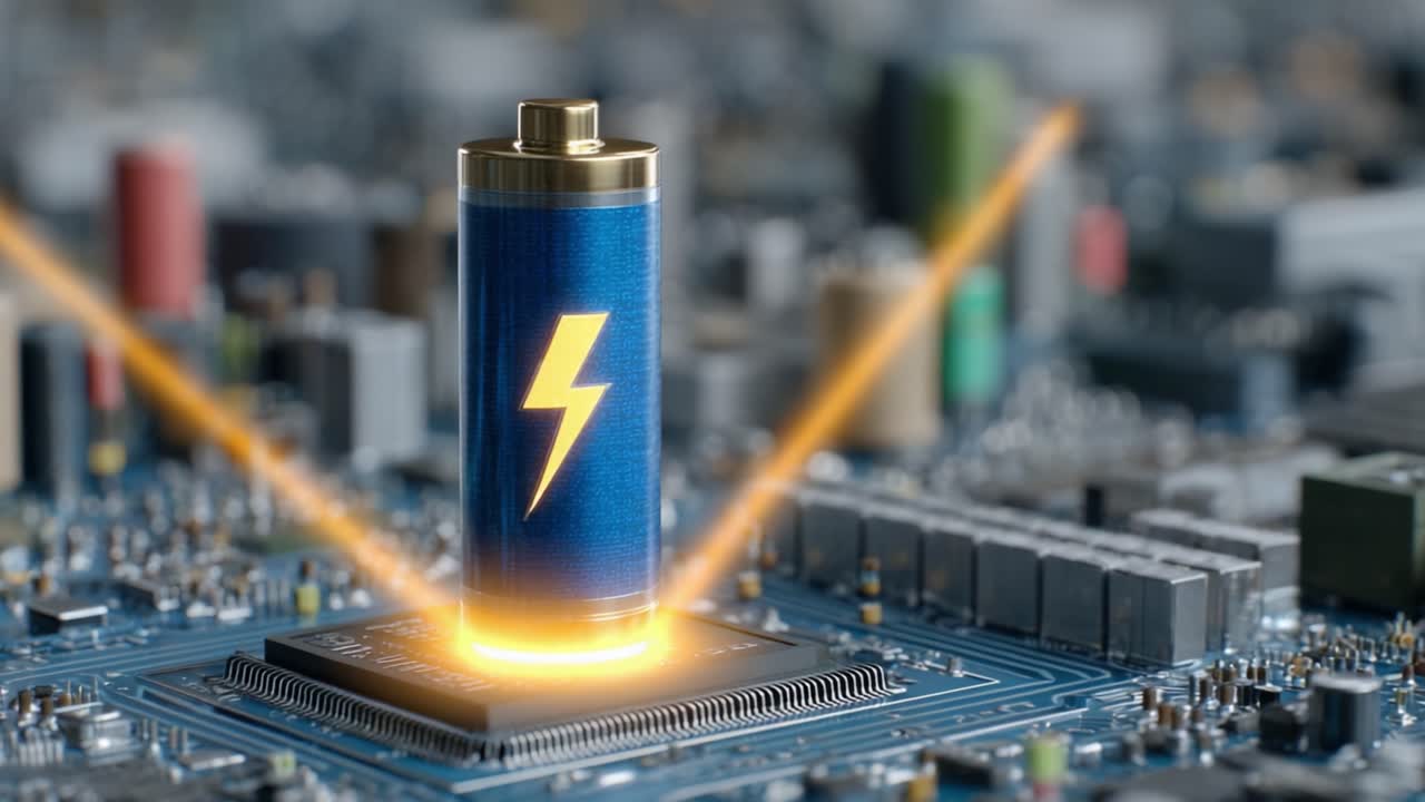 A striking visual representation of a battery on a circuit board, showcasing its charged state with a dynamic lightning bolt symbol, emphasizing energy and technology