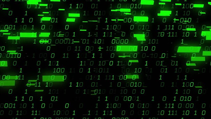 Animation of green binary coding data processing over black background