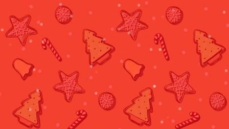 Animation-of-snow-falling-over-christmas-pattern-on-red-background